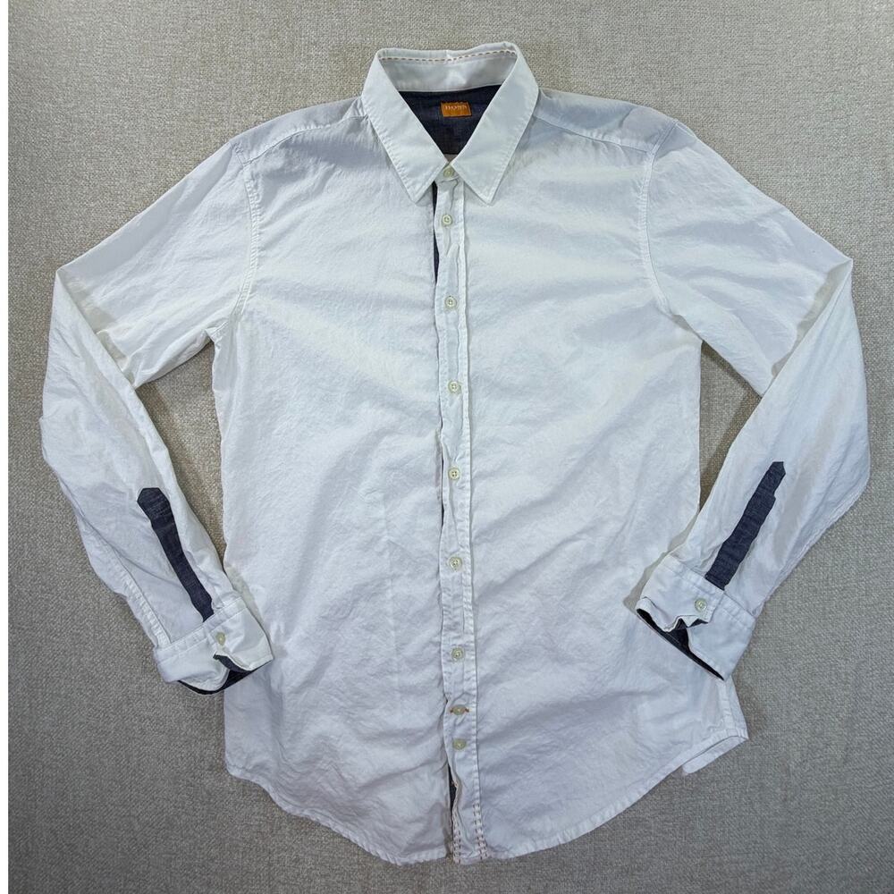 BOSS Hugo Boss Men's Large White Long Sleeve Button Front Preppy Dress Shirt